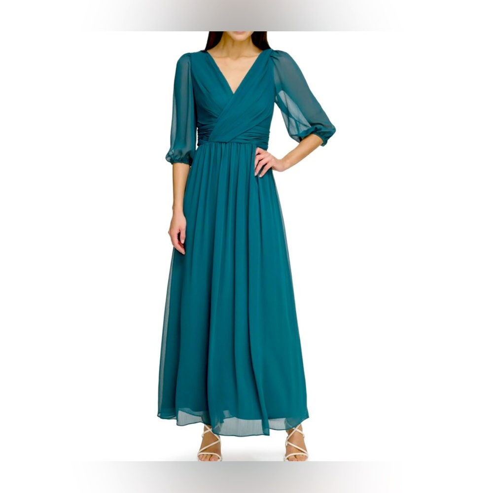 DKNY Women's Long Chiffon V-Neck Dress, Forest Green - NWT